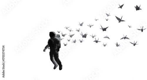 Astronaut in zero gravity, a surreal space dream with a flock of origami birds soaring