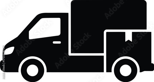 Black silhouette of a delivery truck with a box on the back, isolated on transparent background