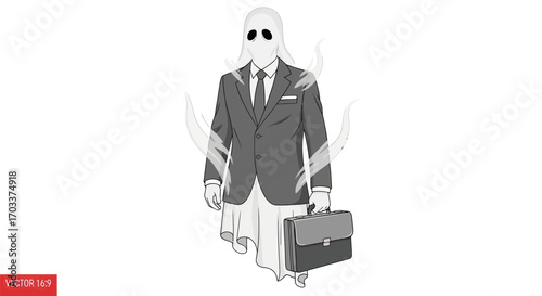 Cartoon businessman ghost in suit carrying briefcase evoking corporate anxiety and burnout