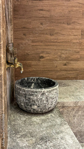 Obraz na plátně Stone Washbasin With Brass Faucet In Traditional Turkish Hammam, Indoor Spa Envi