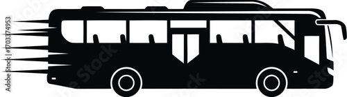 Black silhouette of a moving bus with speed lines, representing travel and transportation, isolated on transparent background