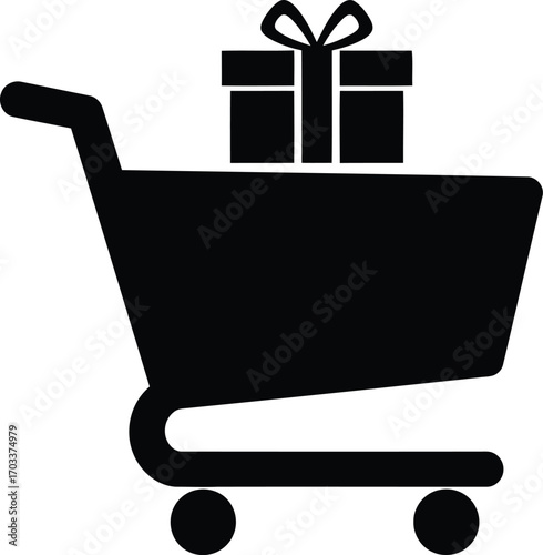 Shopping cart with a gift box on top, isolated on transparent background
