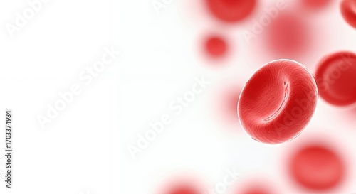 Glossy glass red blood cell floating on bright white background, hyper-realistic, translucent, smooth reflections, perfect for medical slides, science presentations, and clean minimalist wallpaper.