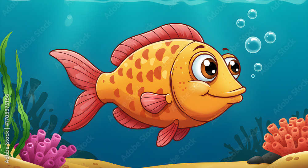 Fototapeta premium Cute Cartoon Fish Illustration with Bubbles