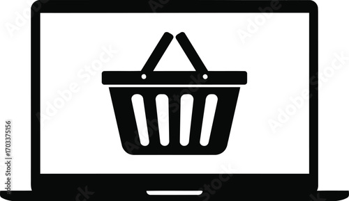 Black silhouette of a laptop computer displaying a shopping basket icon isolated on transparent background