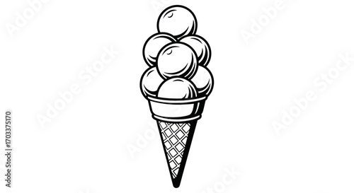 Delicious indulgence towering scoops classic waffle cone black white illustration