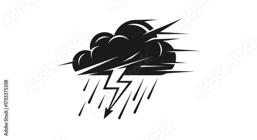 Dramatic storm cloud icon illustration with lightning and torrential rain effect depiction of