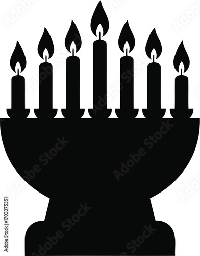 Silhouette of a menorah with seven lit candles, isolated on transparent background