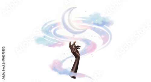 Ethereal reach for the celestial crescent moon amidst swirling pastel clouds