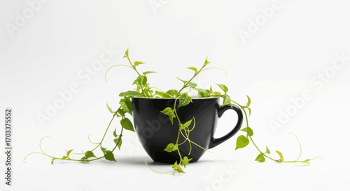 Epipremnum aureum elegantly adorns a sleek black cup against a bright white backdrop