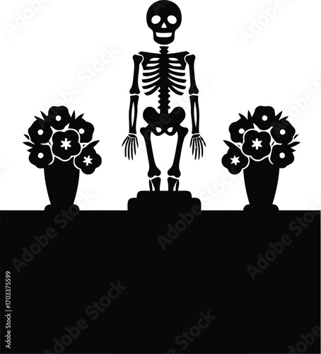 Black silhouette of a skeleton standing between two flower arrangements on a platform, isolated on transparent background