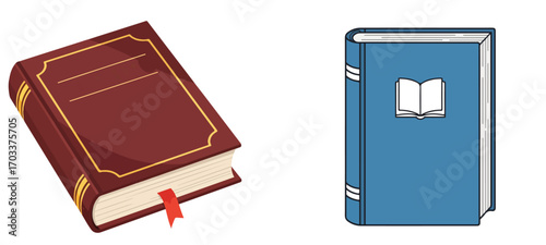 Two books displayed side by side one brown with a bookmark and one blue with a book icon on the cover