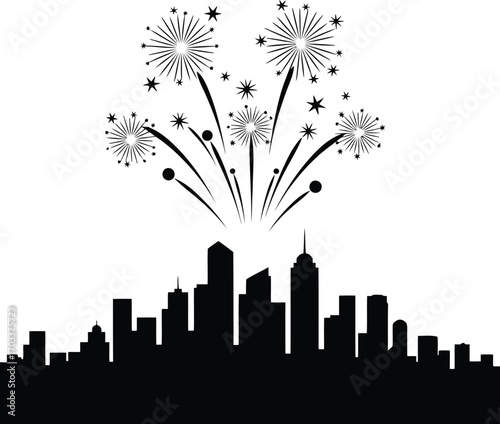 Silhouette of a city skyline with fireworks exploding above, isolated on transparent background