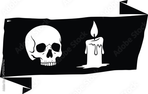 Black banner with a white skull and a lit candle, isolated on transparent background