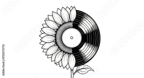Harmonic blend of nature and sound combining a sunflower and a vinyl record