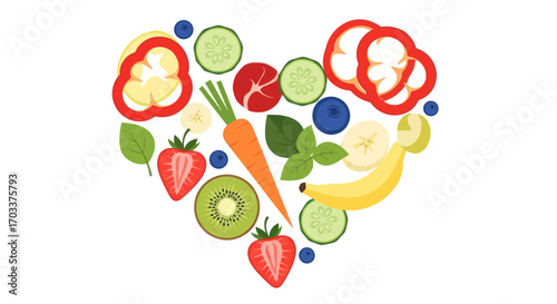 Heart shaped fruit and vegetable composition presenting healthy eating choices