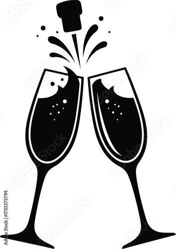 Two champagne glasses clinking with a cork popping and splashing, isolated on transparent background