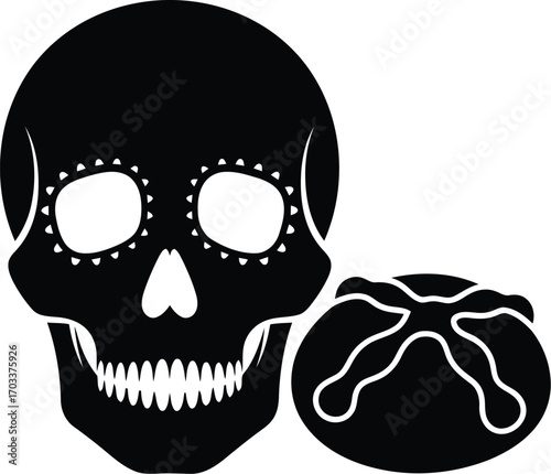 Black silhouette of a decorated skull and a sweet bread roll isolated on a transparent background