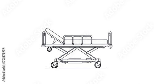 Line drawing illustration of a hospital bed, medical equipment and healthcare facility design