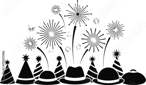 A festive collection of party hats and fedora hats with fireworks exploding above, isolated on a transparent background, perfect for new years eve or birthday celebrations