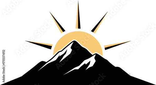 Minimalist mountain range illustration with radiant sunburst effect for outdoor adventure brand