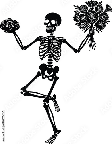 Skeleton holding a bouquet of flowers and a skull, isolated on transparent background
