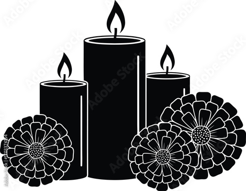 Three lit candles and flowers, isolated on transparent background