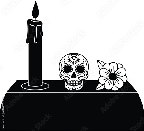 Day of the dead altar with a candle, sugar skull, and marigold flower, isolated on transparent background
