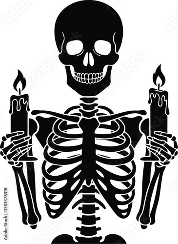 Black silhouette of a skeleton holding two lit candles, isolated on transparent background