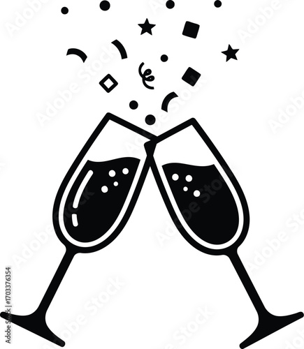 Two champagne glasses clinking together with confetti and stars bursting out, isolated on transparent background