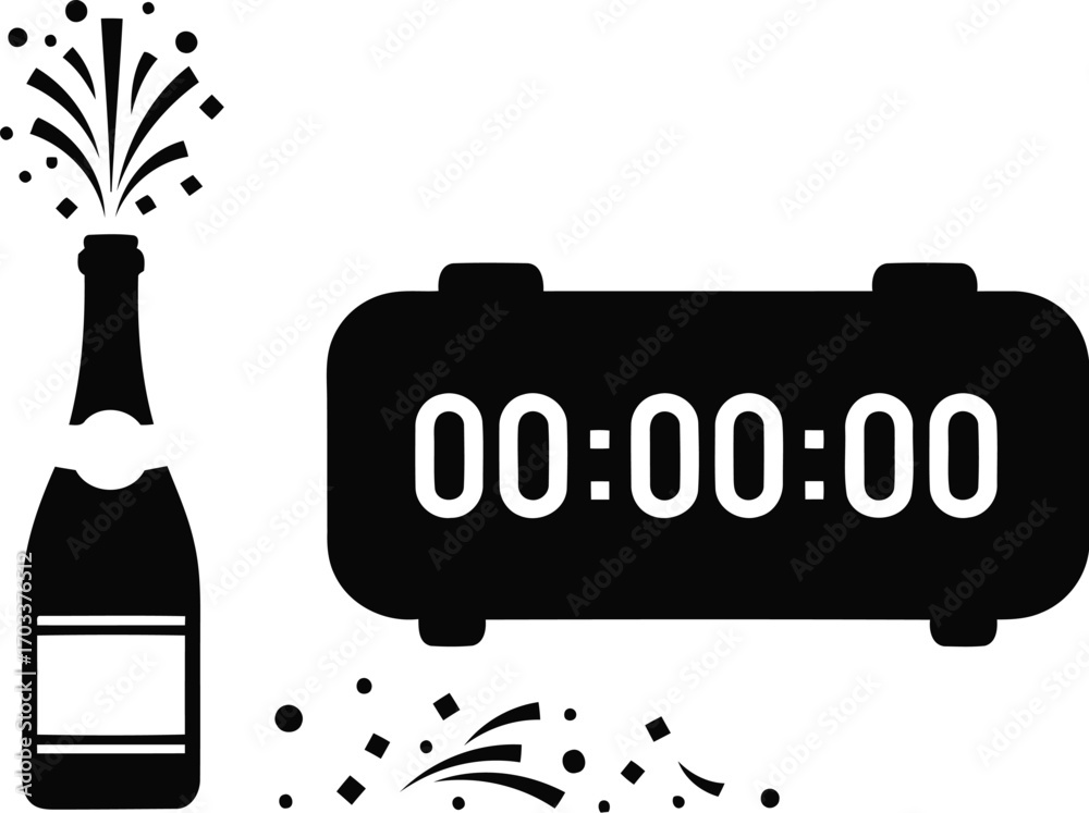 Naklejka premium Champagne bottle popping with confetti and timer, isolated on transparent background