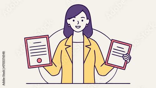 Flat a woman in a yellow jacket holding two documents female entrepreneur