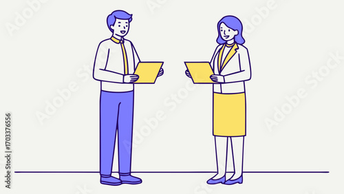 Male female coworkers with yellow folders in a simple flat woman people