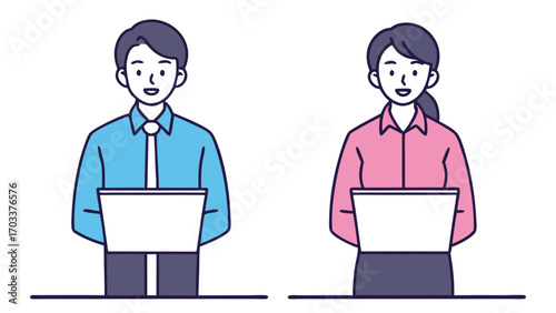 Male female colleagues working laptops with transparent woman people