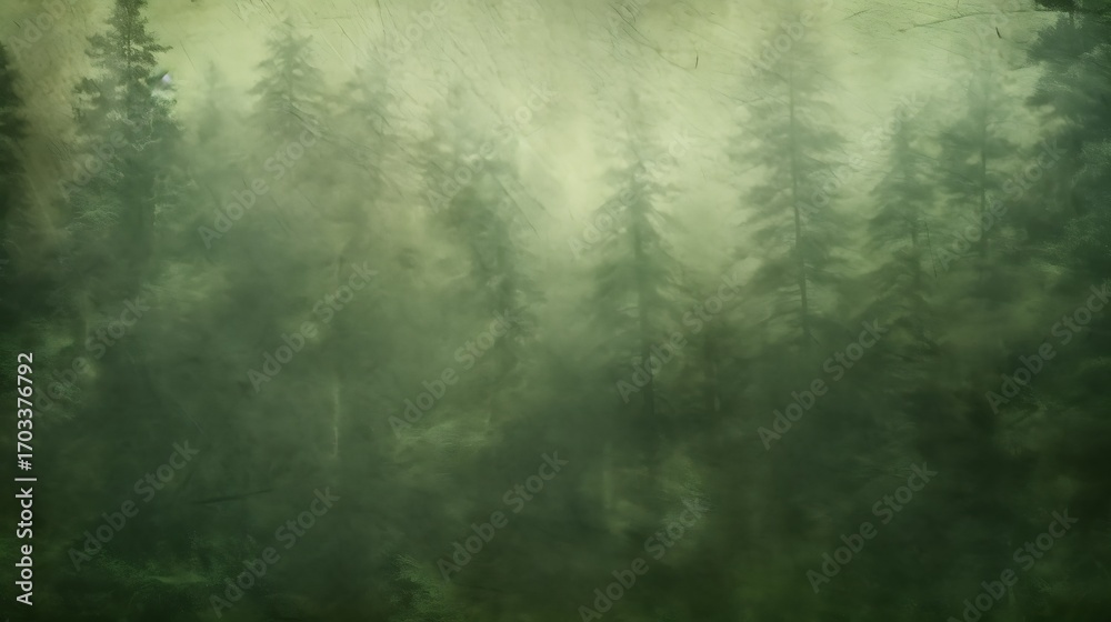 Obraz premium Misty morning forest landscape with trees and mountains