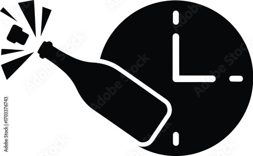 Black silhouette of a champagne bottle popping cork next to a clock face, isolated on transparent background