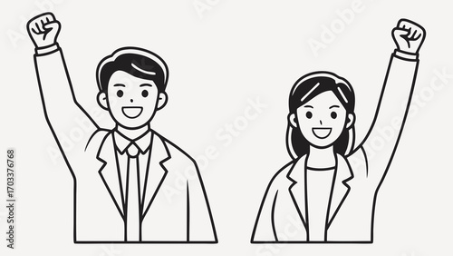 Minimalist art a man woman raising fists in celebration business people