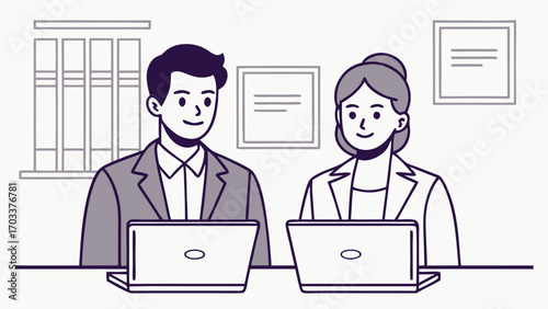 Minimalist male female colleagues working laptops woman business