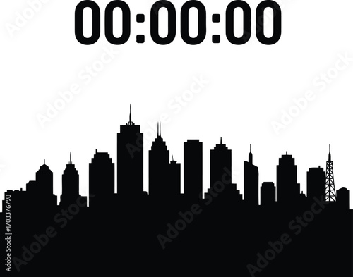 Black silhouette of a city skyline with a digital clock displaying 000000, isolated on transparent background