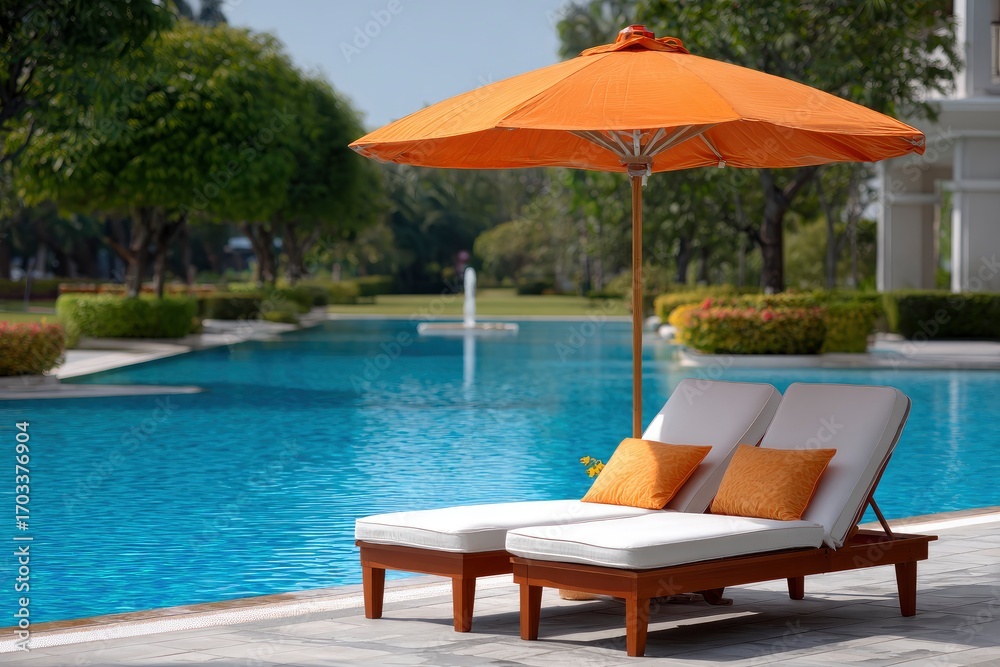 Fototapeta premium Loungers by a tranquil pool feature an orange umbrella cushions and a serene outdoor setting