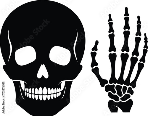 Black silhouette of a human skull and a skeleton hand, isolated on transparent background