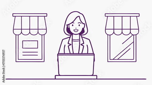 Woman entrepreneur at laptop between two shop windows in purple outline computer