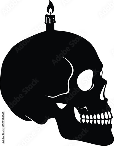 Black silhouette of a skull with a lit candle on top, isolated on transparent background
