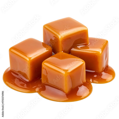 Caramel candies and caramel sauce isolated 