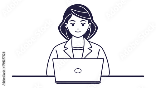 Woman entrepreneur with dark hair wearing a blazer using a laptop business computer