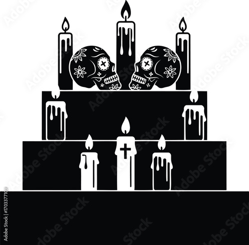 Day of the dead altar with sugar skulls and candles, isolated on transparent background