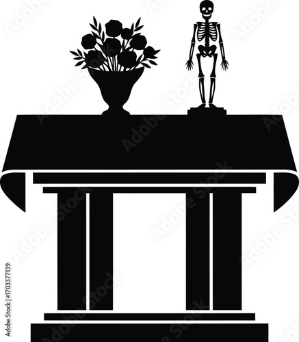 A black silhouette of a skeleton standing on a table with a vase of flowers, isolated on transparent background