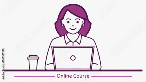 Woman entrepreneur with laptop coffee cup desk with online course text computer