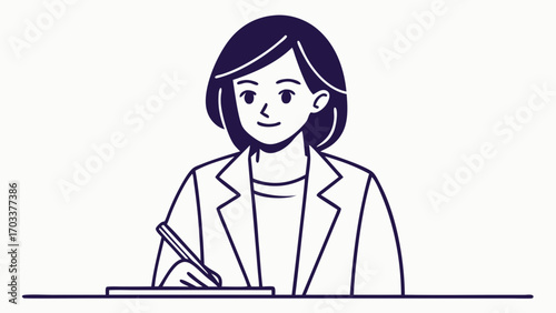 Woman in blazer writing with pen paper document