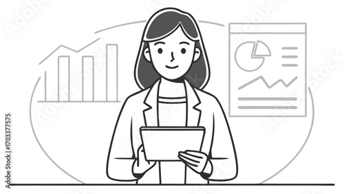 Woman in suit holding tablet with charts graphs in business entrepreneur